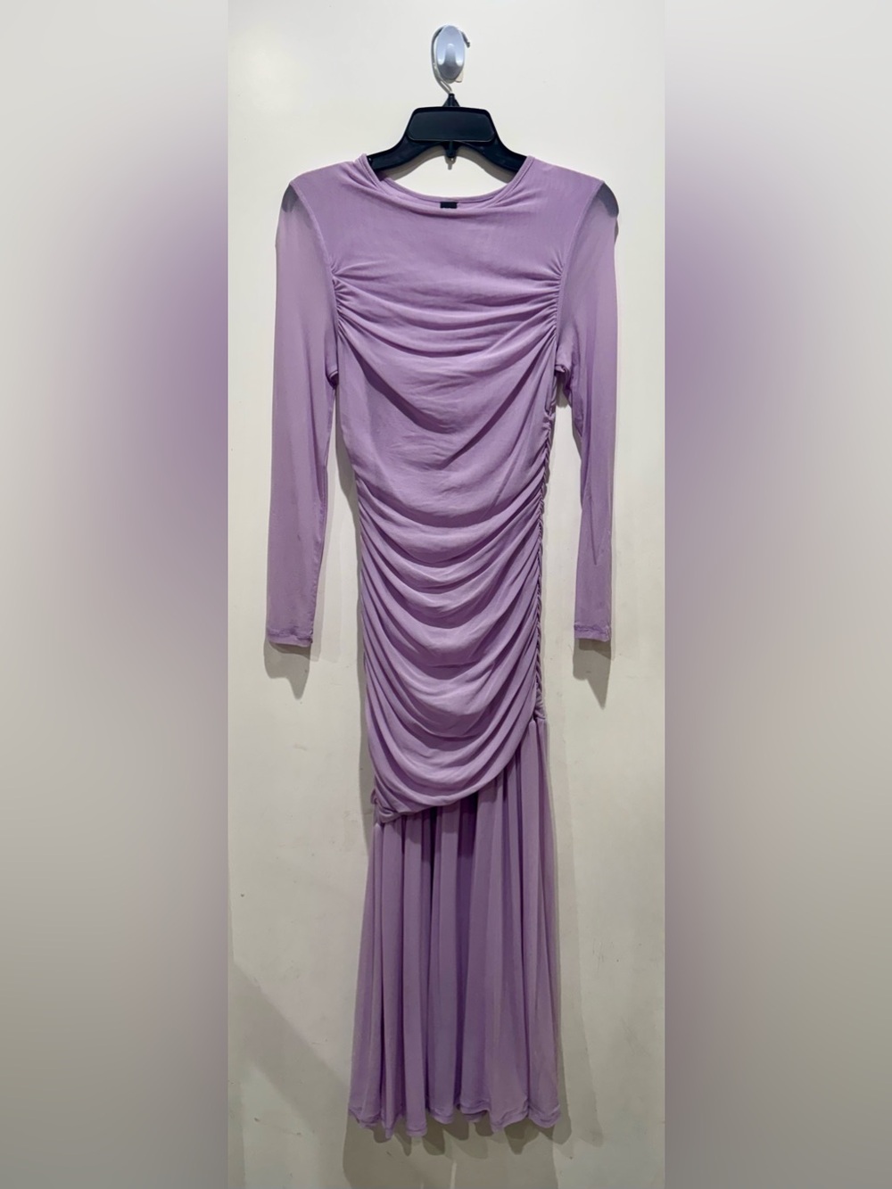 SHEIN-Lavender Ruched Mesh Long-Sleeve Maxi Dress